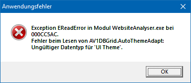 WebsiteAnalyser, окно с ошибкой